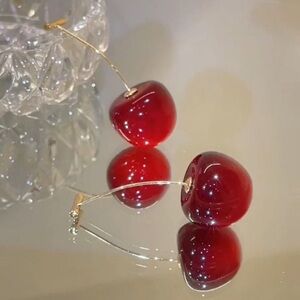 Anthropologie Deep Red Cherry Whimsical Drop Wire Earrings Gold Stem 44.00 New